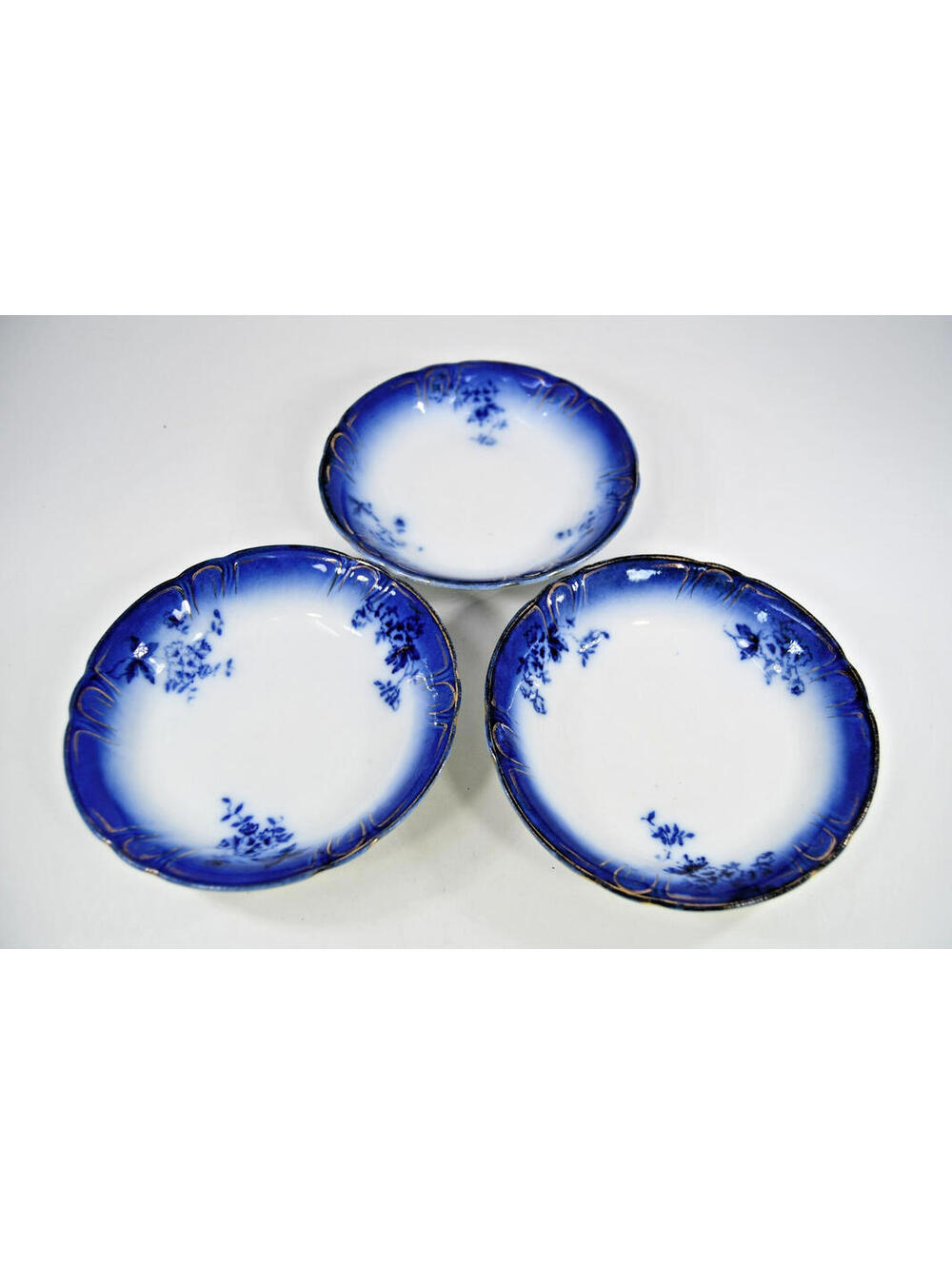 Antique LaBelle Flow Blue 5.5" Fruit Berry Dessert Bowls Wheeling Pottery Gold